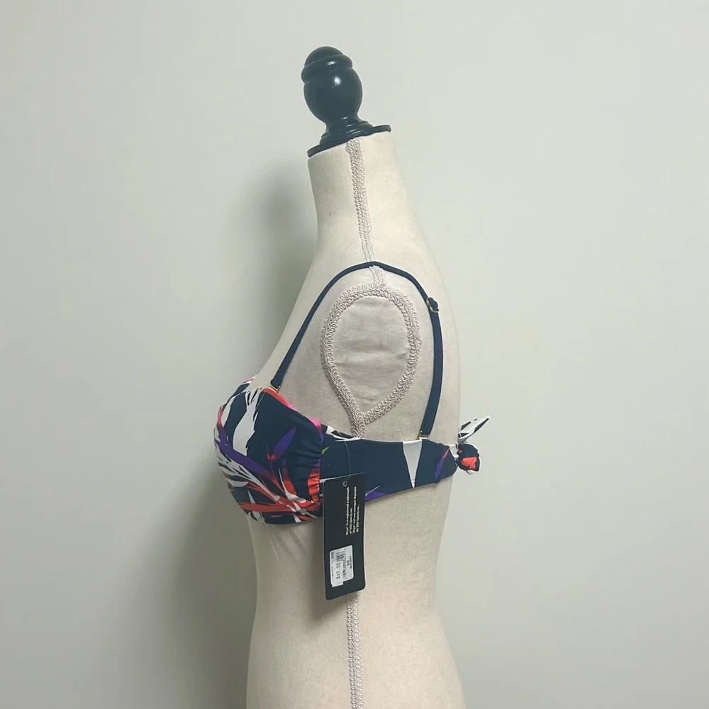 Skye Navy Blue Leaves Removable Strap Back Tie Underwire Bandeau Bikini Top NOS